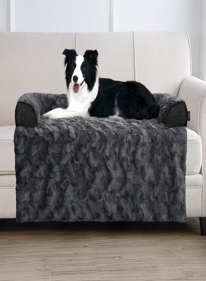 blunique Calming Large Dog Bed for Couch, 41 x 37 inch Removable Couch Cover for Dogs Washable, Non-Slip Fluffy Plush Dog Sofa Mat for Furniture Protector - Dark Grey - Image 1